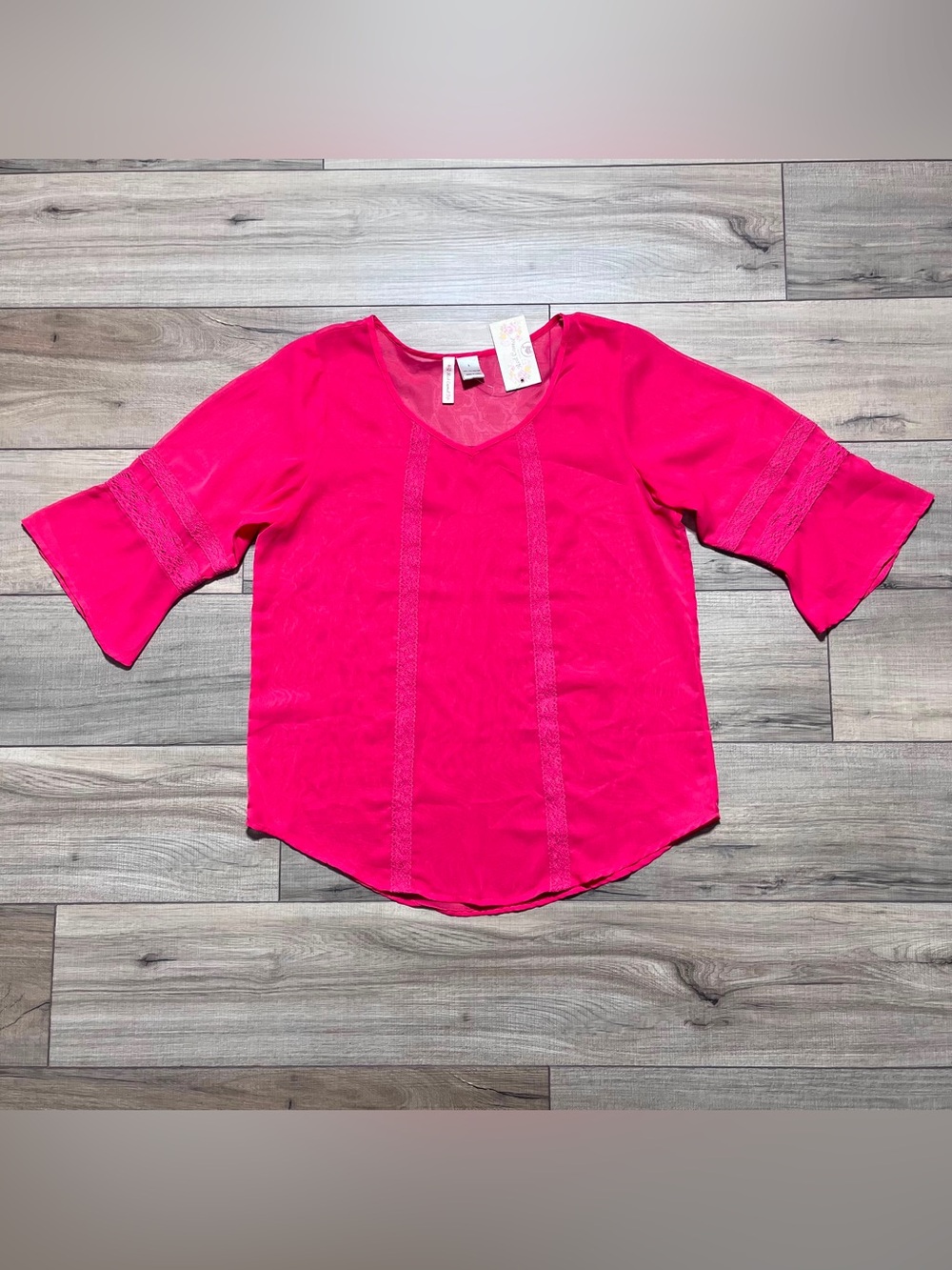Red Camel Womens 3/4 Sleeve Crochet Trim Detail Sheer Top Size Large Teaberry